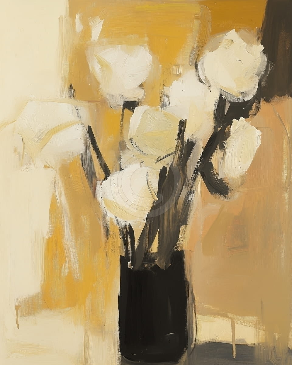 Fleurs Blanches dans un Vase Noir