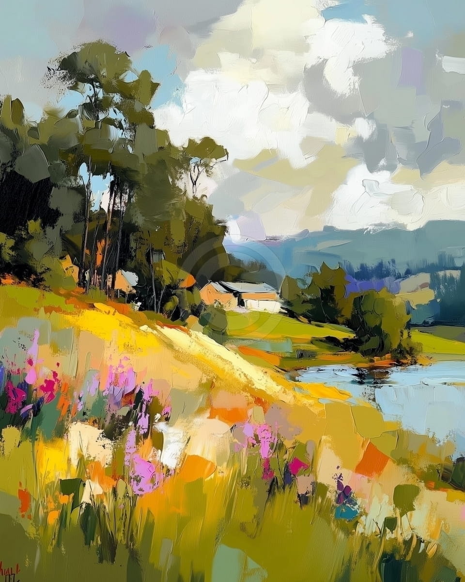 Colline aux Fleurs Sauvages et Village Lointain