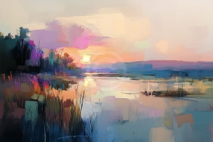 Ruhiger Sonnenuntergang &uuml;ber einem Spiegelnden See