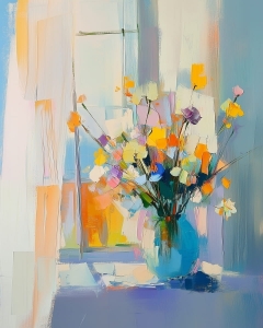 Bunte Blumen in einer Blauen Vase