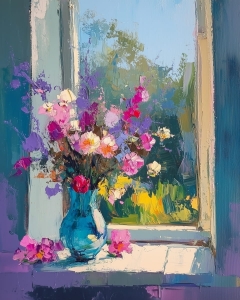 Fiori Selvatici in un Vaso di Vetro Blu