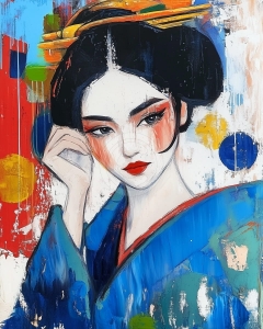 S&eacute;r&eacute;nit&eacute; Azur : Une Geisha en Harmonie Abstraite