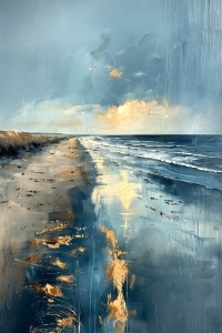 Playa y Mar con Reflejos bajo un Cielo Nublado