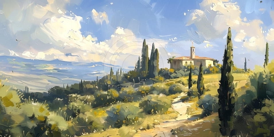 Colline Toscane con Cappella e Cipressi