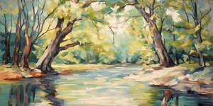 Orilla del R&iacute;o con &Aacute;rboles Iluminados por el Sol