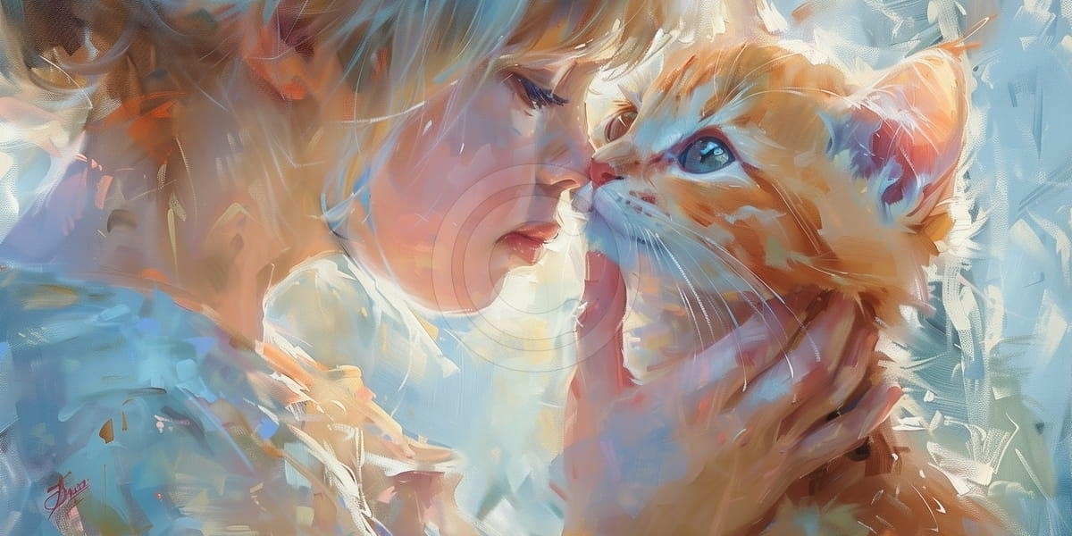 Mädchen und Katze mit Nasenkontakt