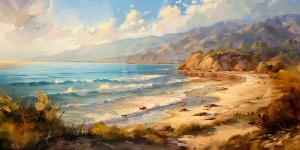 Coastal Beach with Waves and Cliffs