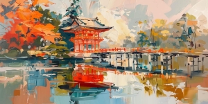 Pabell&oacute;n japon&eacute;s y puente sobre el agua