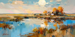 Maison de campagne au bord du lac au coucher du soleil