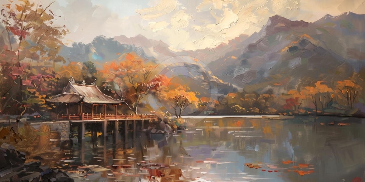 Pavillon au Bord du Lac dans les Montagnes d’Automne