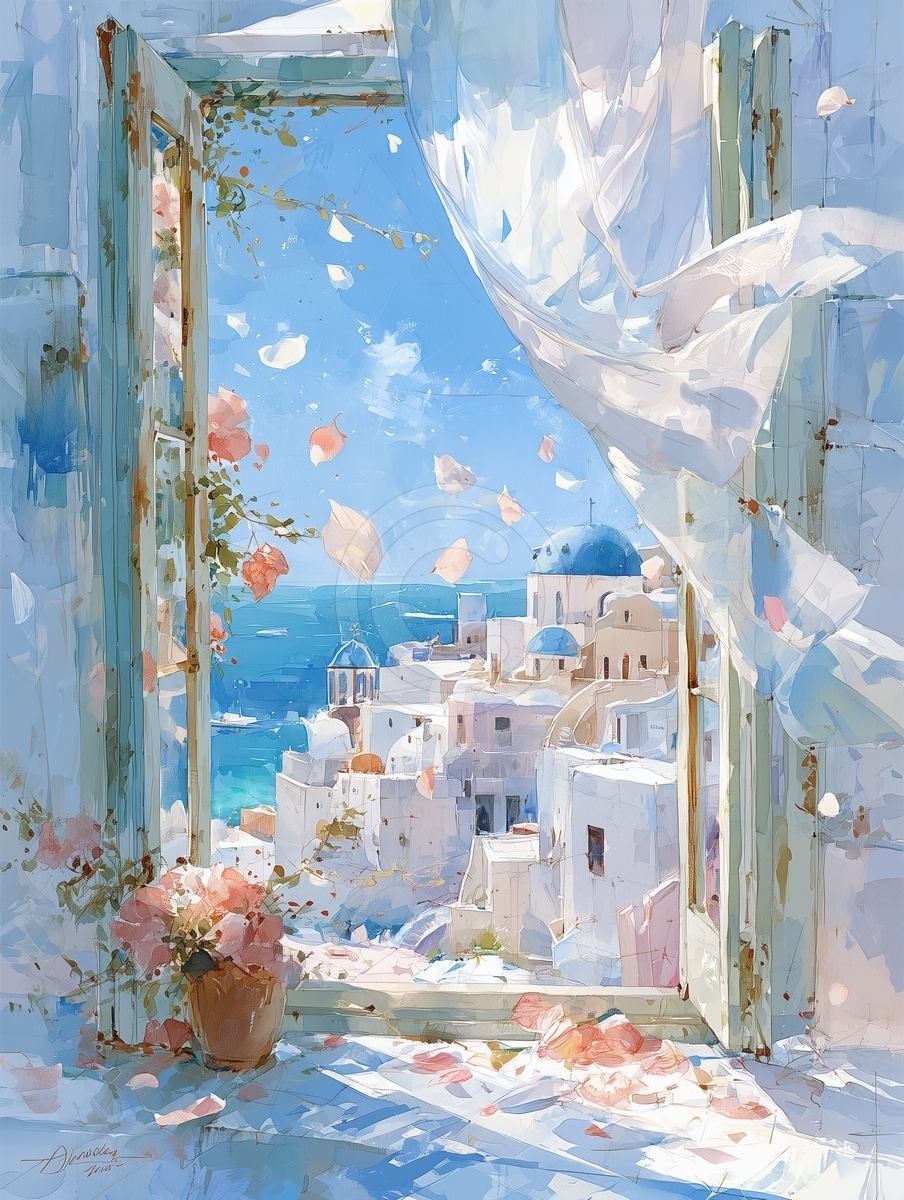 Fenetre sur la mer a Santorin