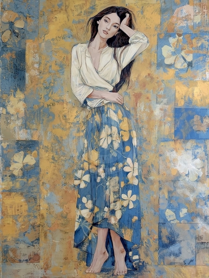 Woman in Blue Floral Dress