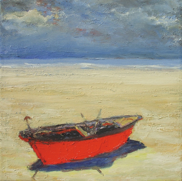 Red Boat At The Sea Shore Painting