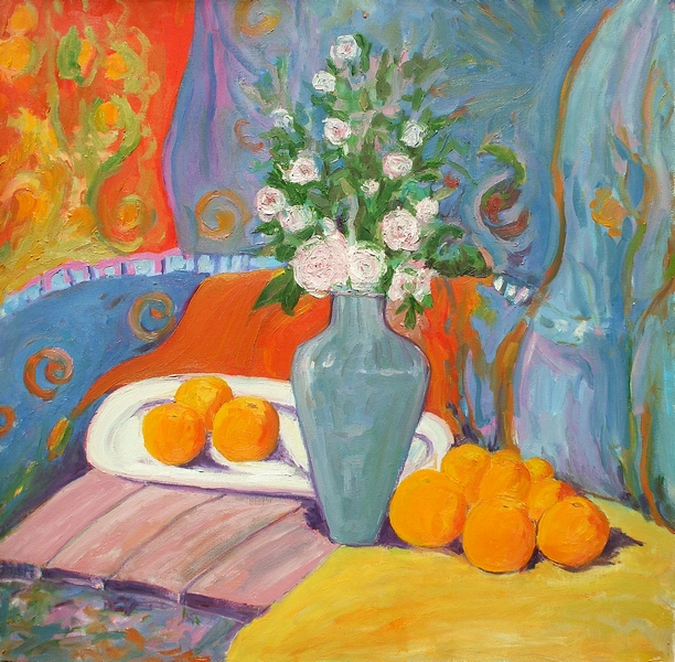 Still Life With Blue Vase - Oranges Painting