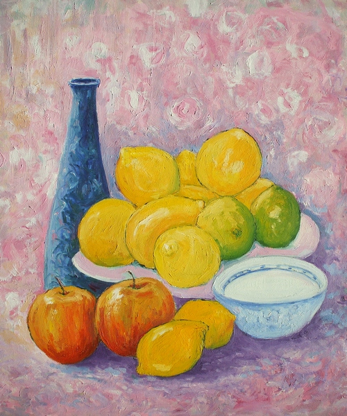 Still Life With Blue Vase, Apples And Lemons Painting