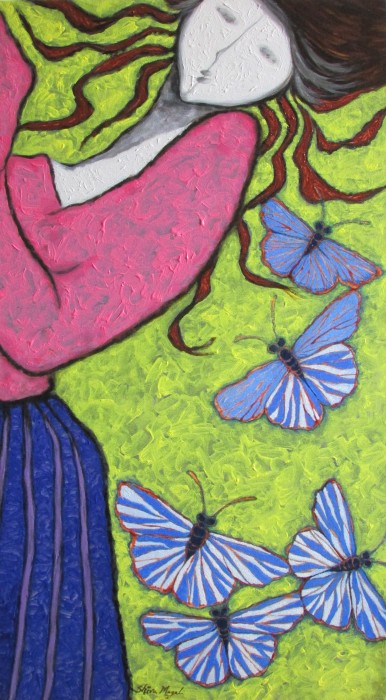 A Girl Playing With Blue Butterflies Painting
