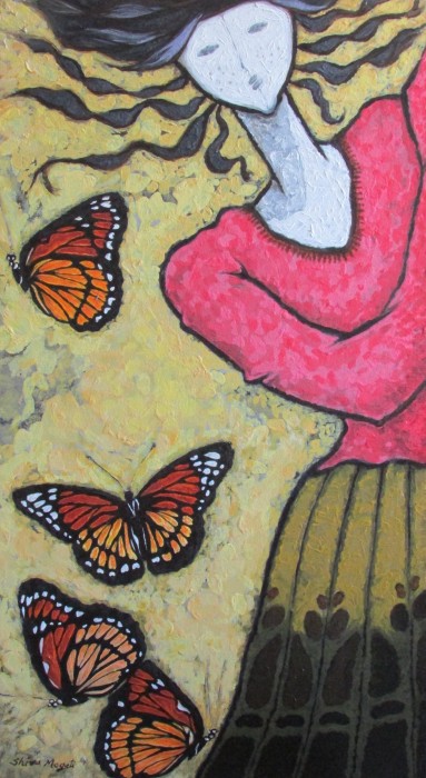 A Girl With Monarch Butterflies Painting
