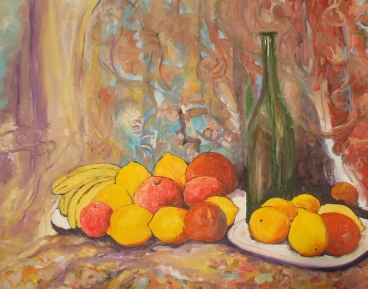 Still Life With Plates Of Fruits And Green Bottle Painting