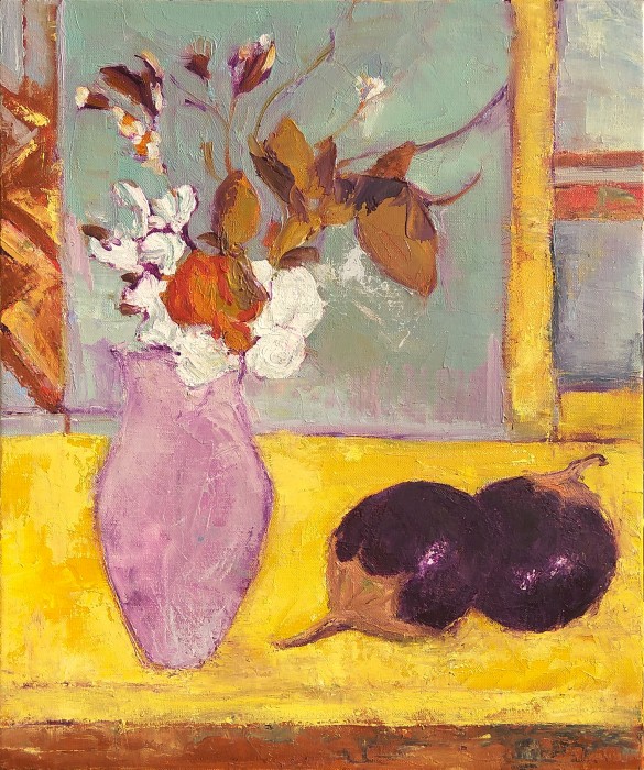 Still Life with Flower Vase - Two Brinjals Painting