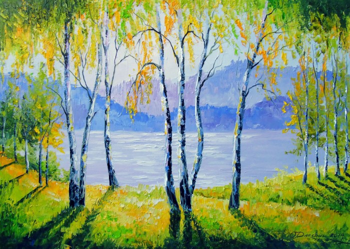 Birches By The River Painting