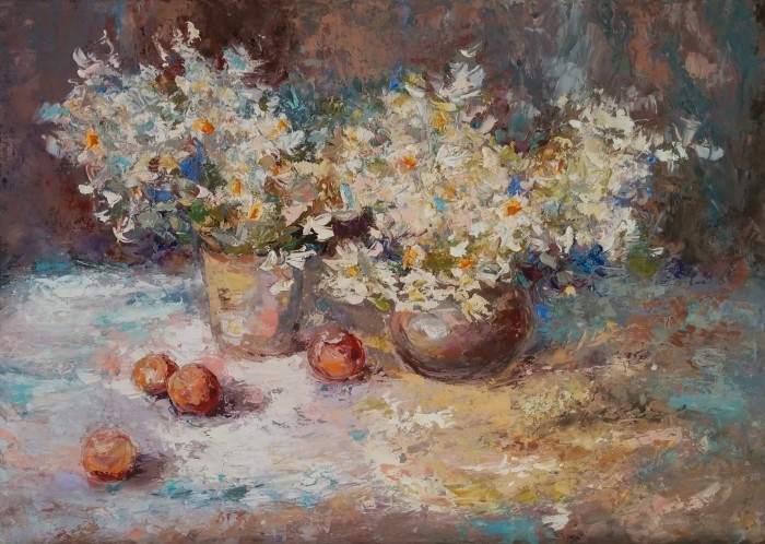 Still Life With Apricots And Camomiles Painting