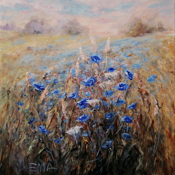 Day For Songs, 70X70Cm, Blue Wild Flowers Meadow Painting