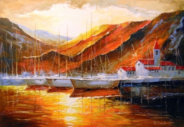 Yachts In The Mountain Harbor Painting