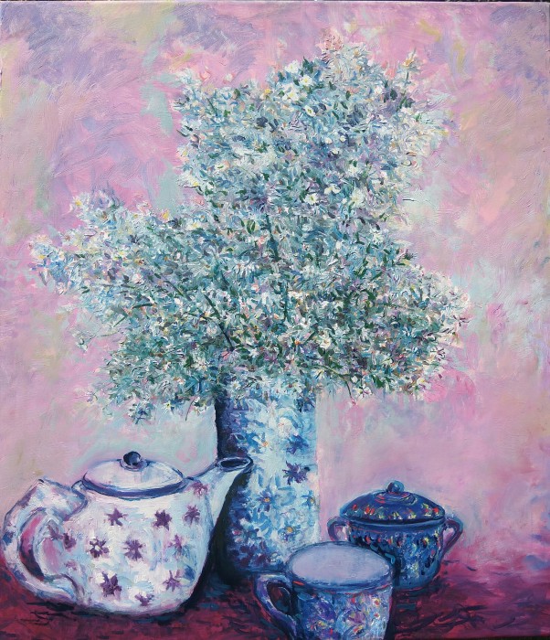 Still Life With Flowers In Vase, Teapot Painting