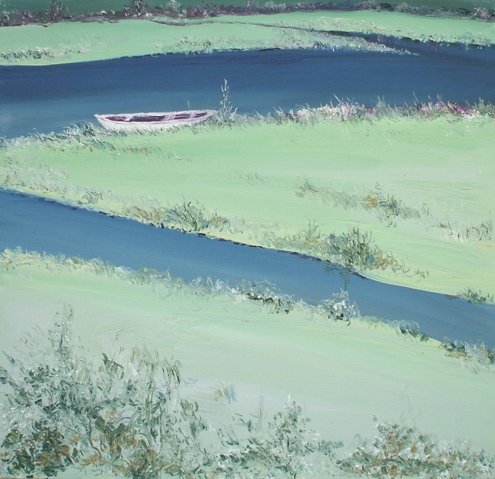 River Banks And A Boat (White) Painting