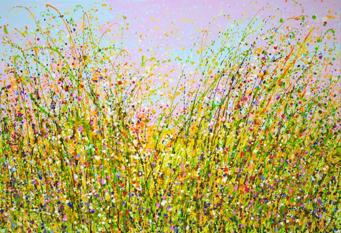 Pink Evening. Flower Field. Painting