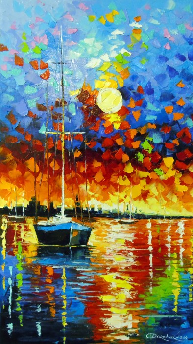 Bay Harmony: Sunset And Sailboats Painting